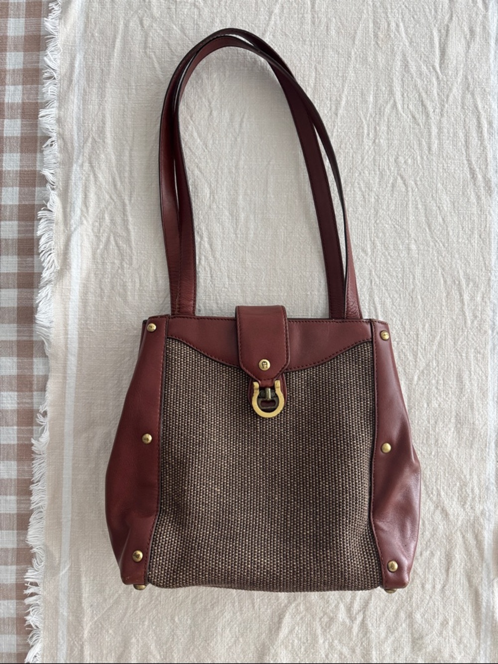 Etienne Aigner Burgundy Leather & Brown Woven Tote
